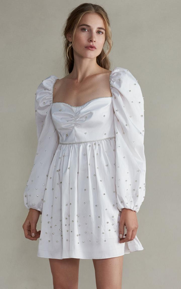 Markarian Caspian Mini Silk Embellished Dress With Gathered Puff Sleeve