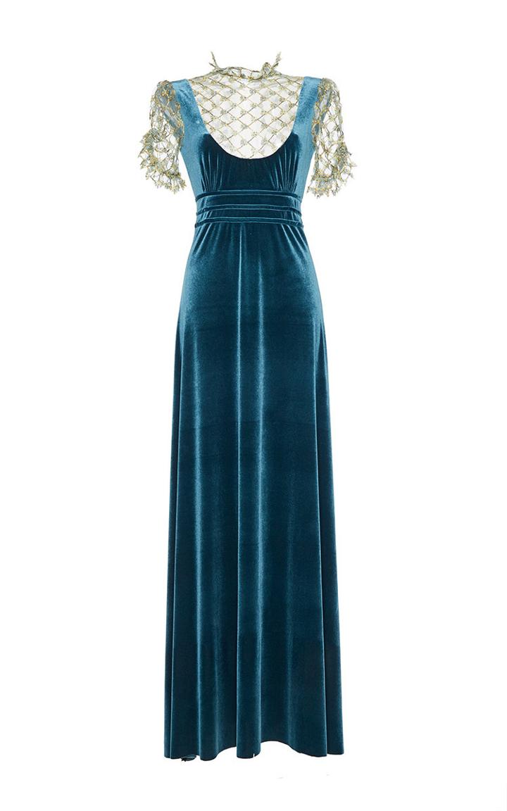 Luisa Beccaria Stretch Velvet And Tulle Embroidered Dress