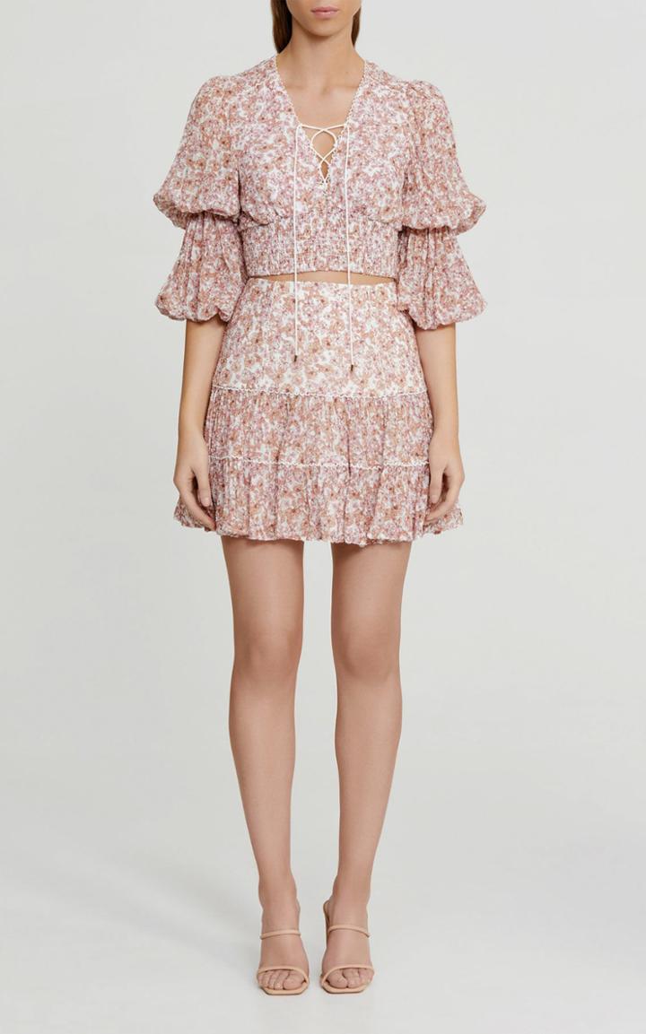 Moda Operandi Significant Other Angelina Puff-sleeve Floral Georgette Crop Top