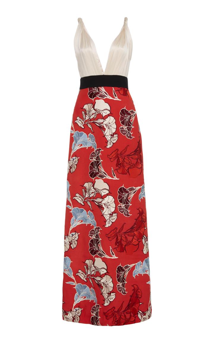 Johanna Ortiz Floral Hybrid Plunge Neck Maxi Dress