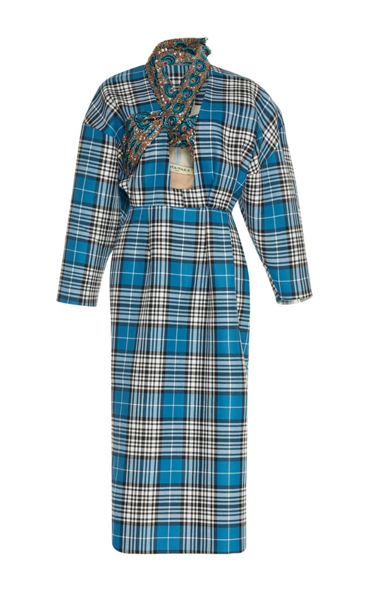 Tata Naka Beaded Bandeau Combo Wool Check Dress