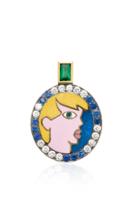 Holly Dyment Andrew Portrait Enamel Charm With White Diamonds Blue Sapphires And Gemfields Emeralds