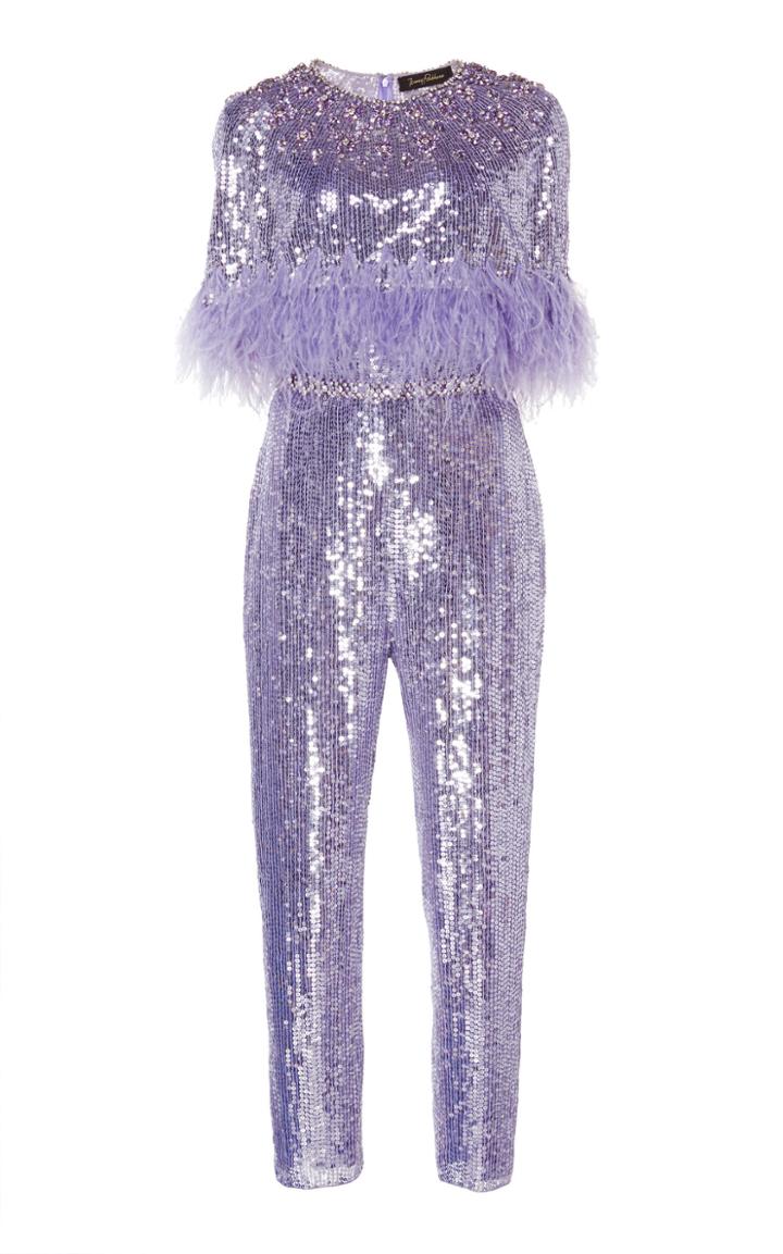 Jenny Packham Lili Feather-trimmed Sequined Jumpsuit