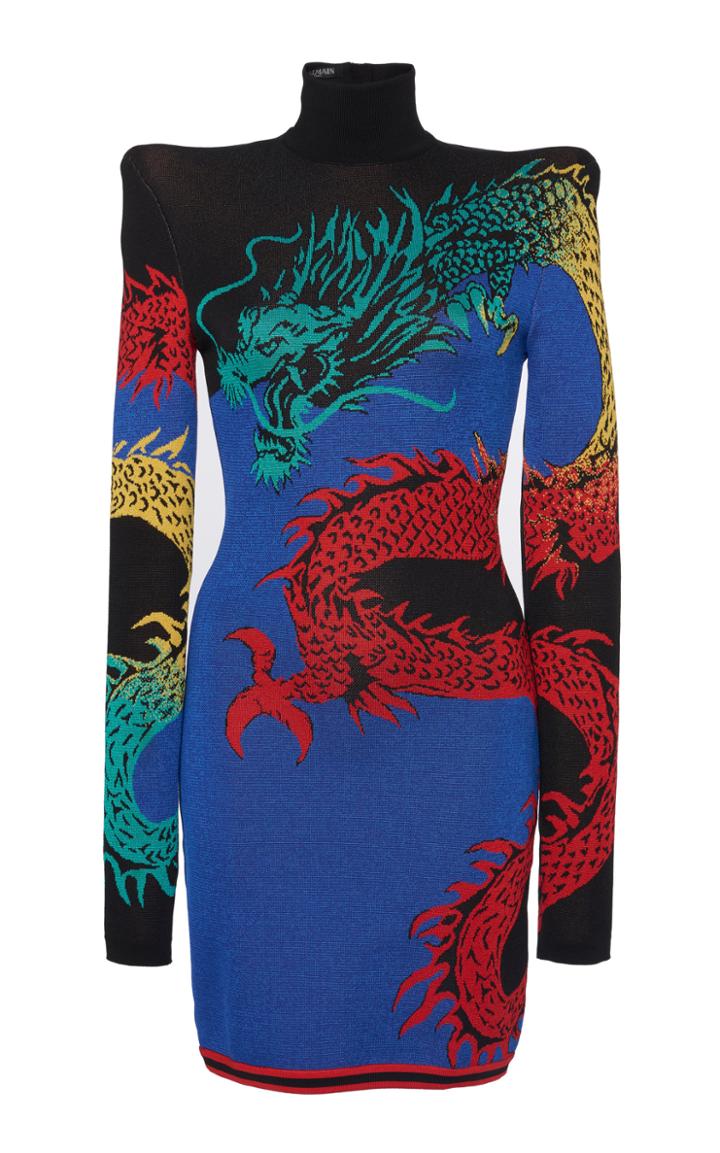 Balmain High-neck Rainbow Dragon Jersey Dress