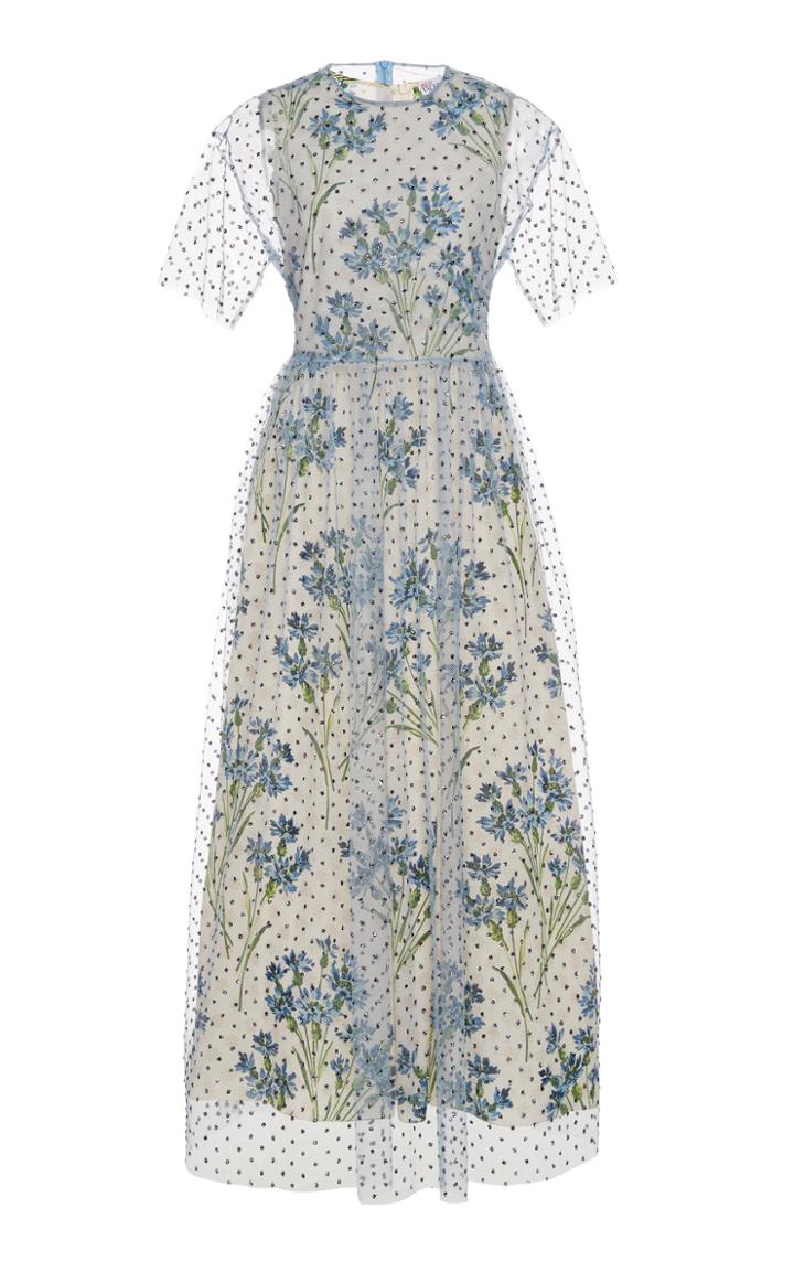 Red Valentino Polka-dot Flocked Tulle And Floral-print Crepe Midi Dres