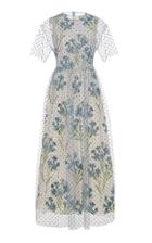 Red Valentino Polka-dot Flocked Tulle And Floral-print Crepe Midi Dres