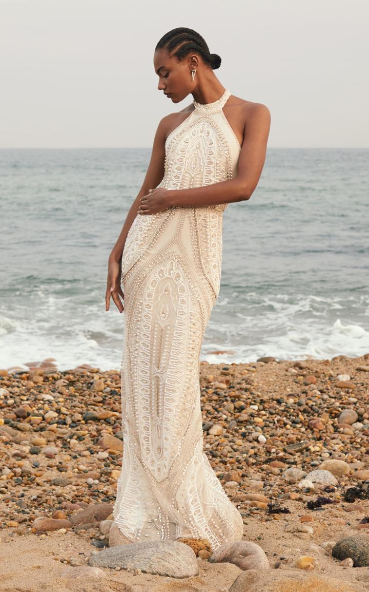 Moda Operandi Cucculelli Shaheen Arco Pearl Embroidered Silk Tulle Halter Dress
