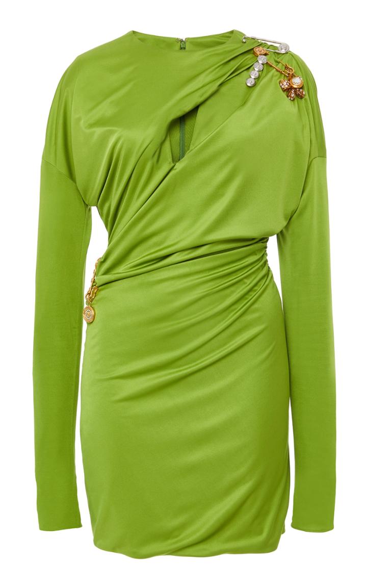 Versace Draped Embellished Satin Mini Dress