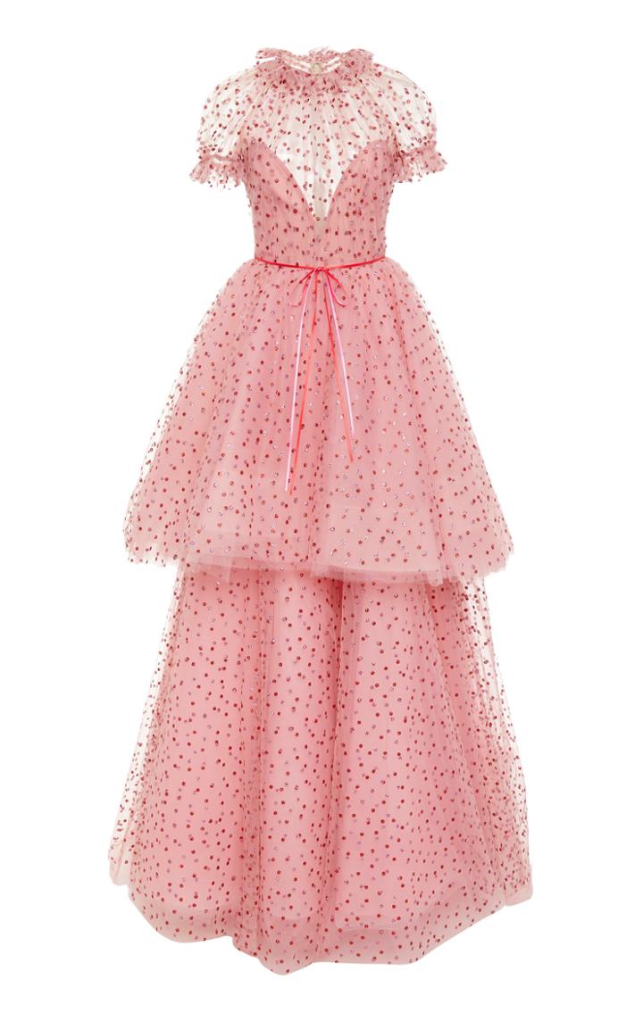 Monique Lhuillier Confetti Short Sleeve Tiered Gown