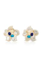 Bounkit 14k Gold Plated Brass Mother Of Pearl Lapis Turquoise Clear Quartz Clip Earrings