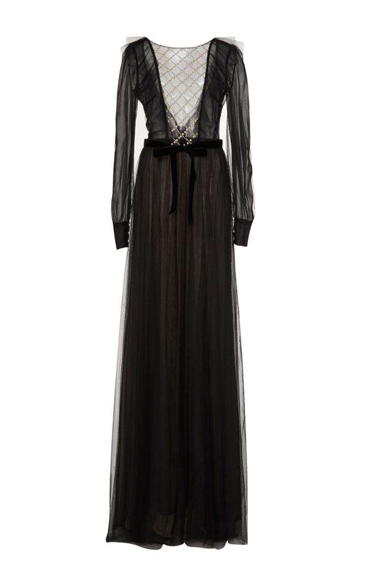 Monique Lhuillier Long Sleeve Pearl Embellished Gown