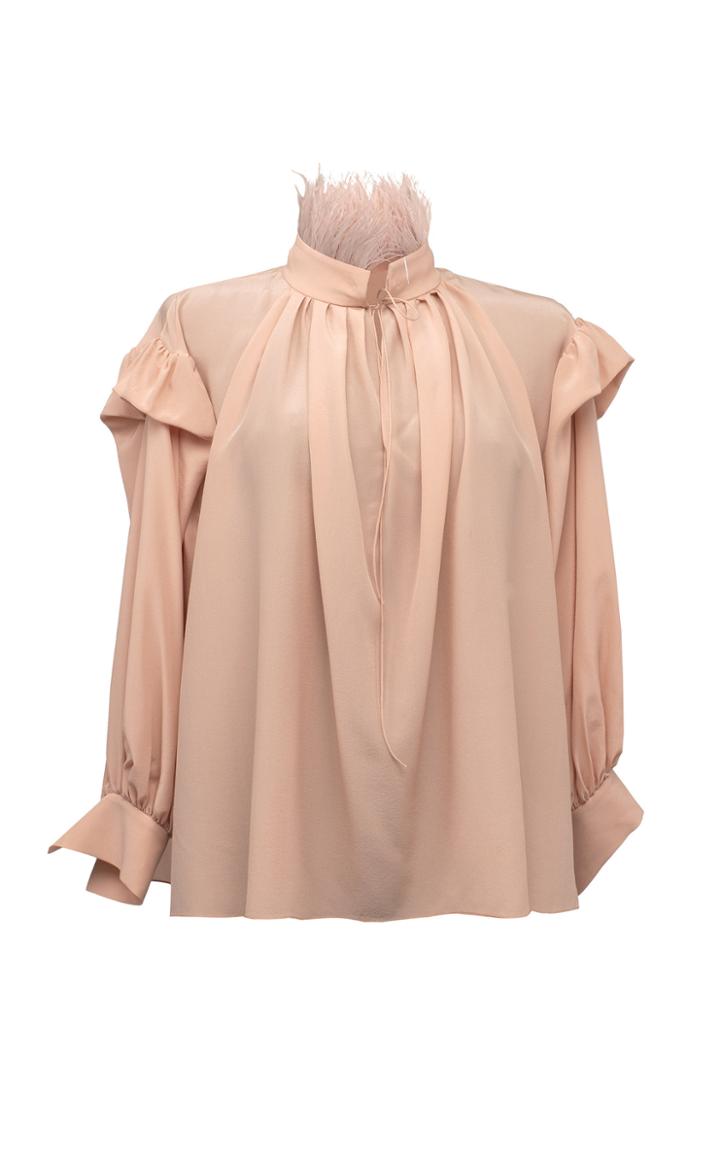 Moda Operandi Lake Studio Feathered Collar Silk Top Size: 38