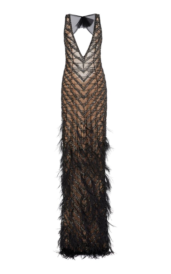 Naeem Khan Feather-trim Sequined Gown