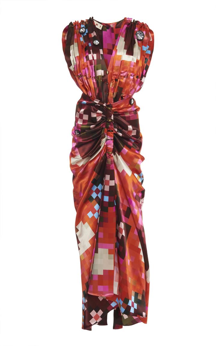 Marni Pleated Satin Printed Dress