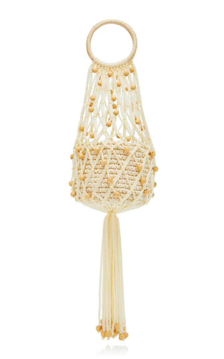 Sensi Studio Tasseled Beaded Macram And Straw Tote