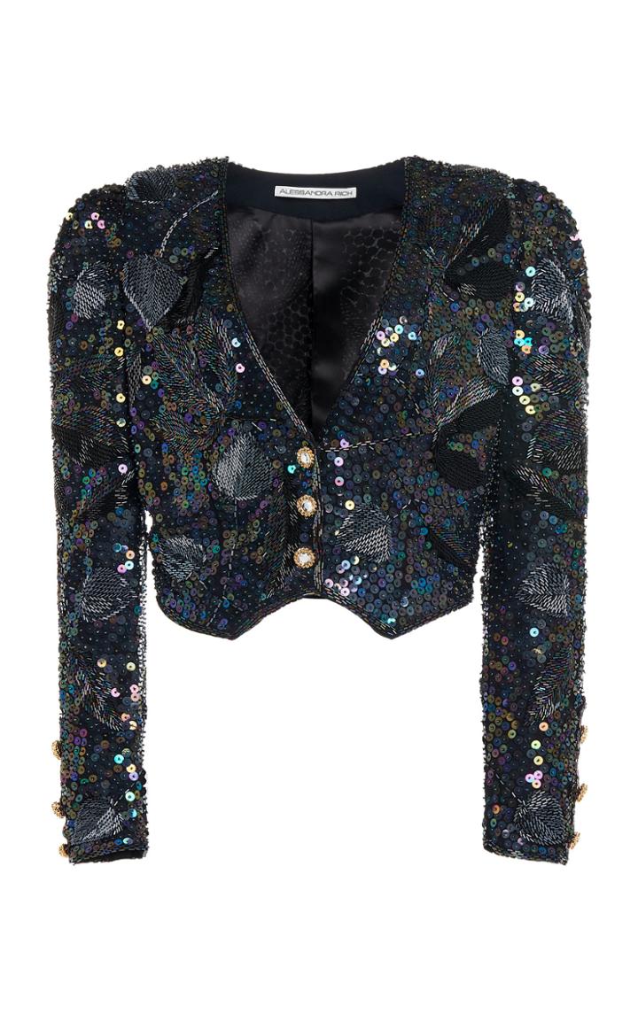 Moda Operandi Alessandra Rich Embroidered V Neck Jacket With Crystal Buttons