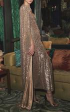 Monique Lhuillier Sequin Embellished Stretch Charmeuse Tea Length Gown