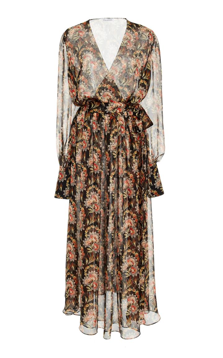 Oscar De La Renta Printed Full Sleeve V Neck Midi Dress