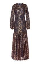 Rebecca De Ravenel Metallic Pleated Lace Mermaid Dress