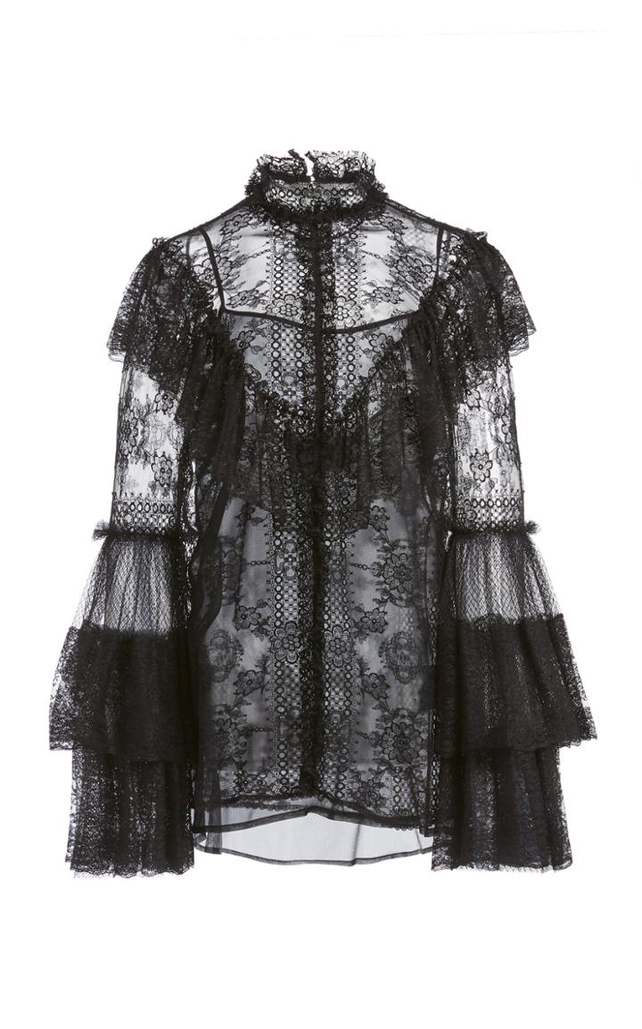 Moda Operandi Costarellos Whitney Ruffled Lace-trimmed Embroidered-tulle Top