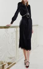Alessandra Rich Lace Trim Silk Satin Long Sleeve Midi Dress