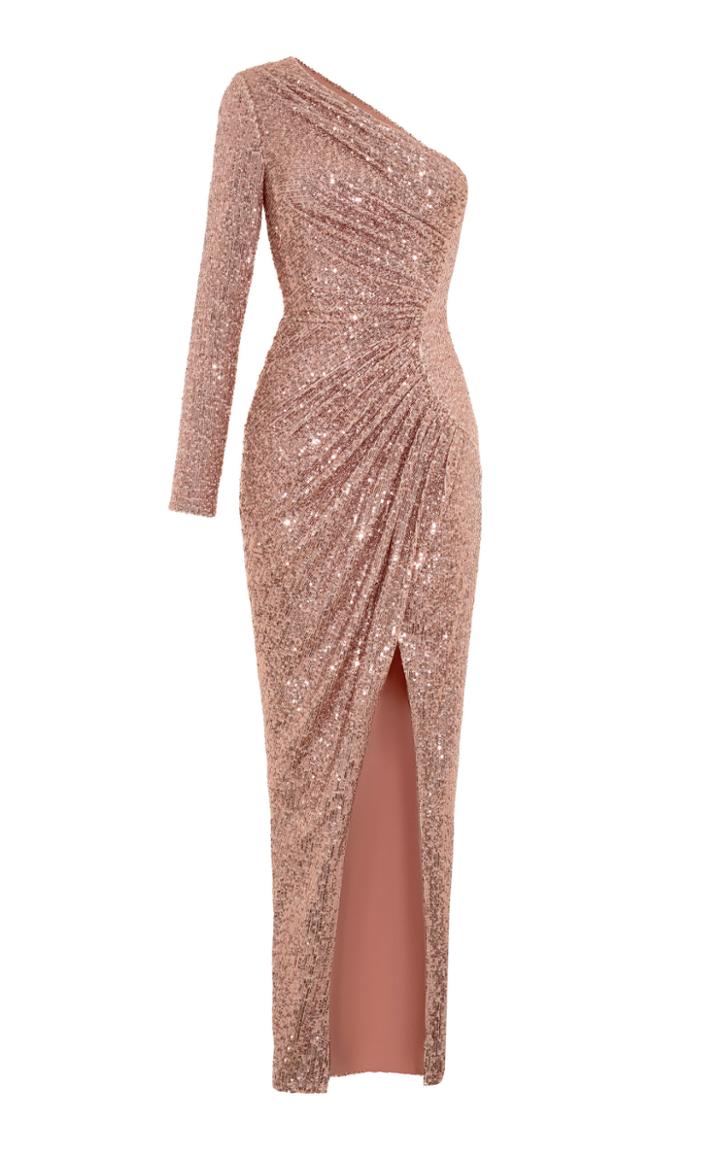 Rasario One Shoulder Draped Sequined Gown