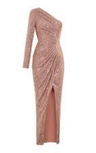 Rasario One Shoulder Draped Sequined Gown