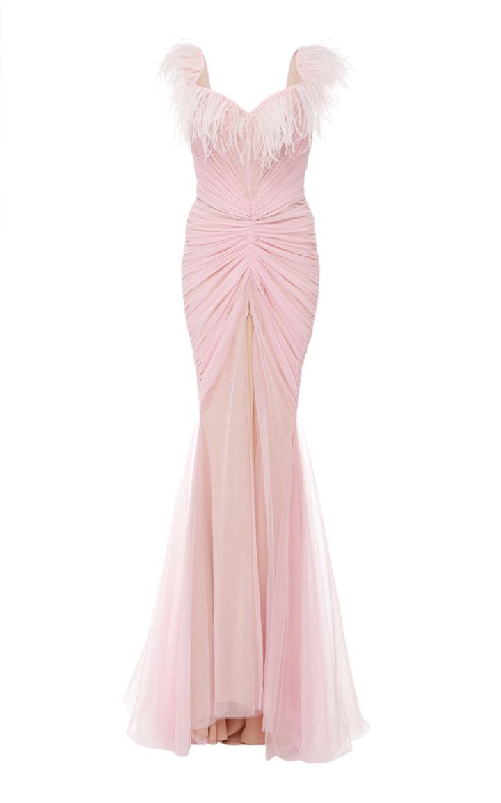 Ester Abner Off The Shoulder Feather Dress