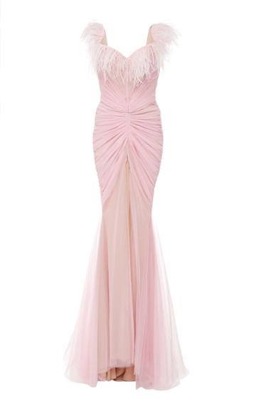 Ester Abner Off The Shoulder Feather Dress