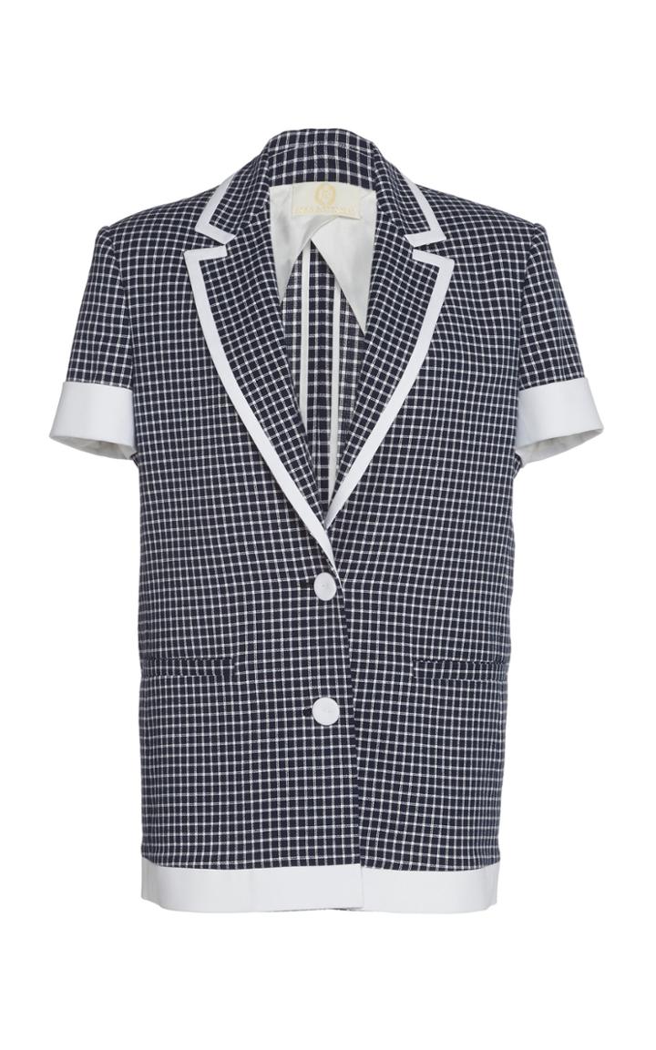 Sara Battaglia Short Sleeve Piped Cotton Blazer