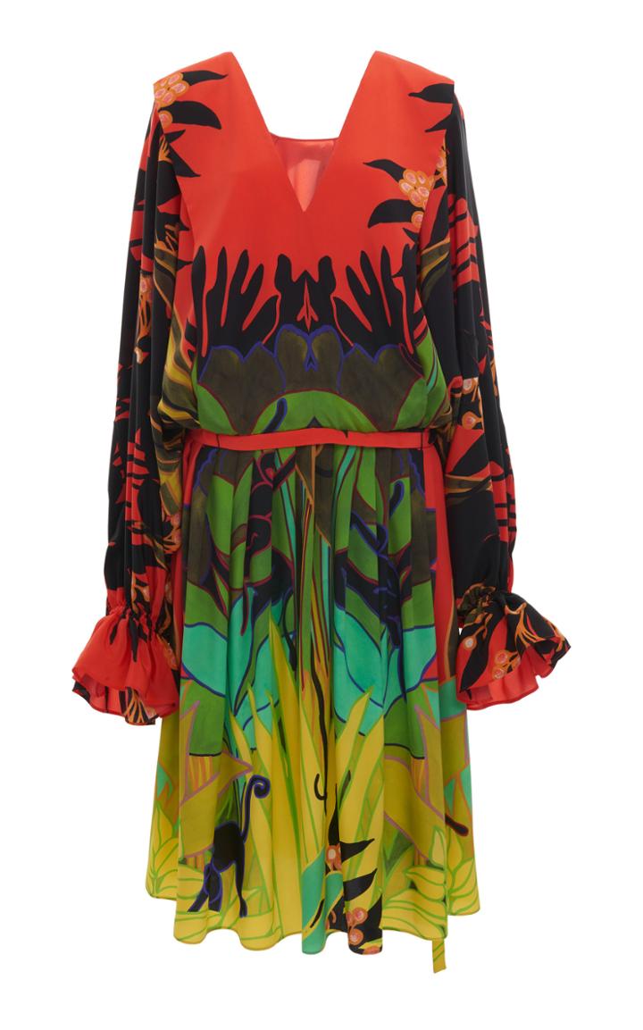 Moda Operandi Valentino Printed Long Sleeved Silk Midi Dress Size: 36