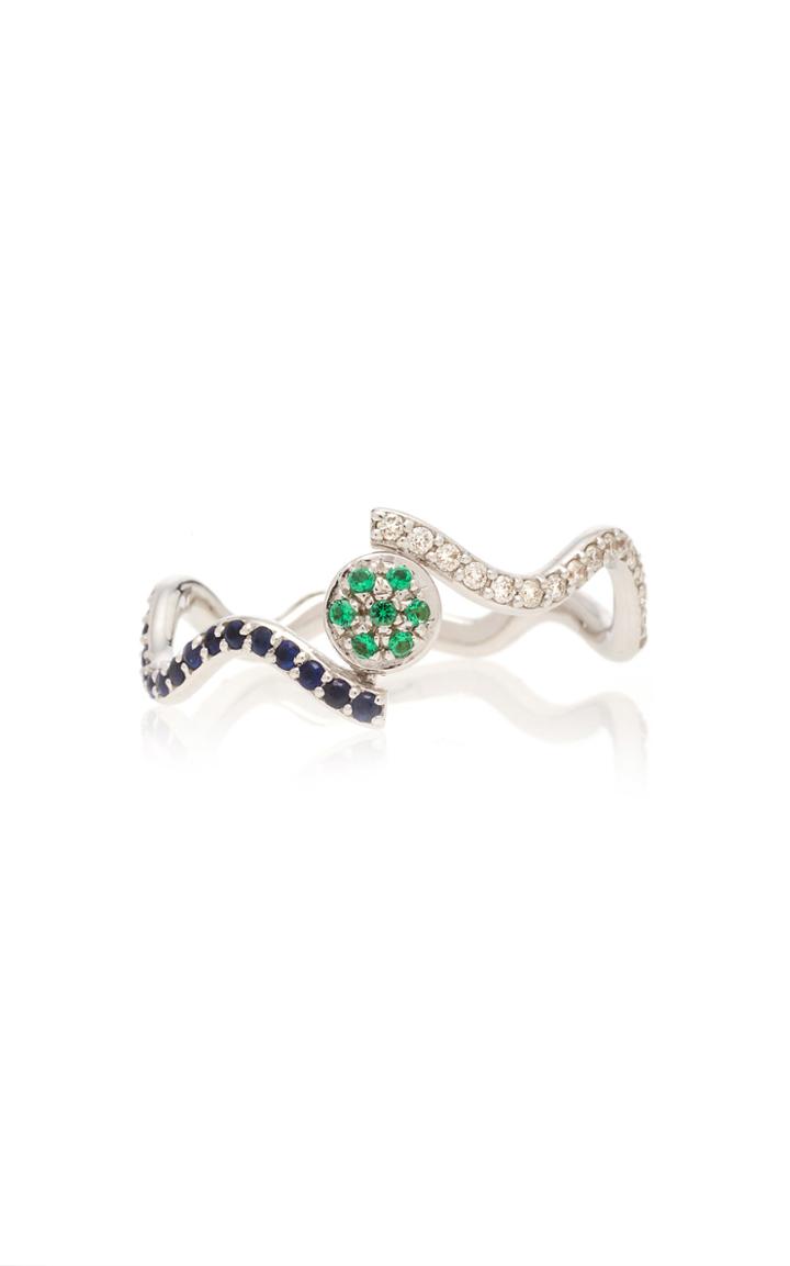 Sabine Getty White Gold Wiggly Love Ring With Diamonds Blue Sapphire And Tsavorite