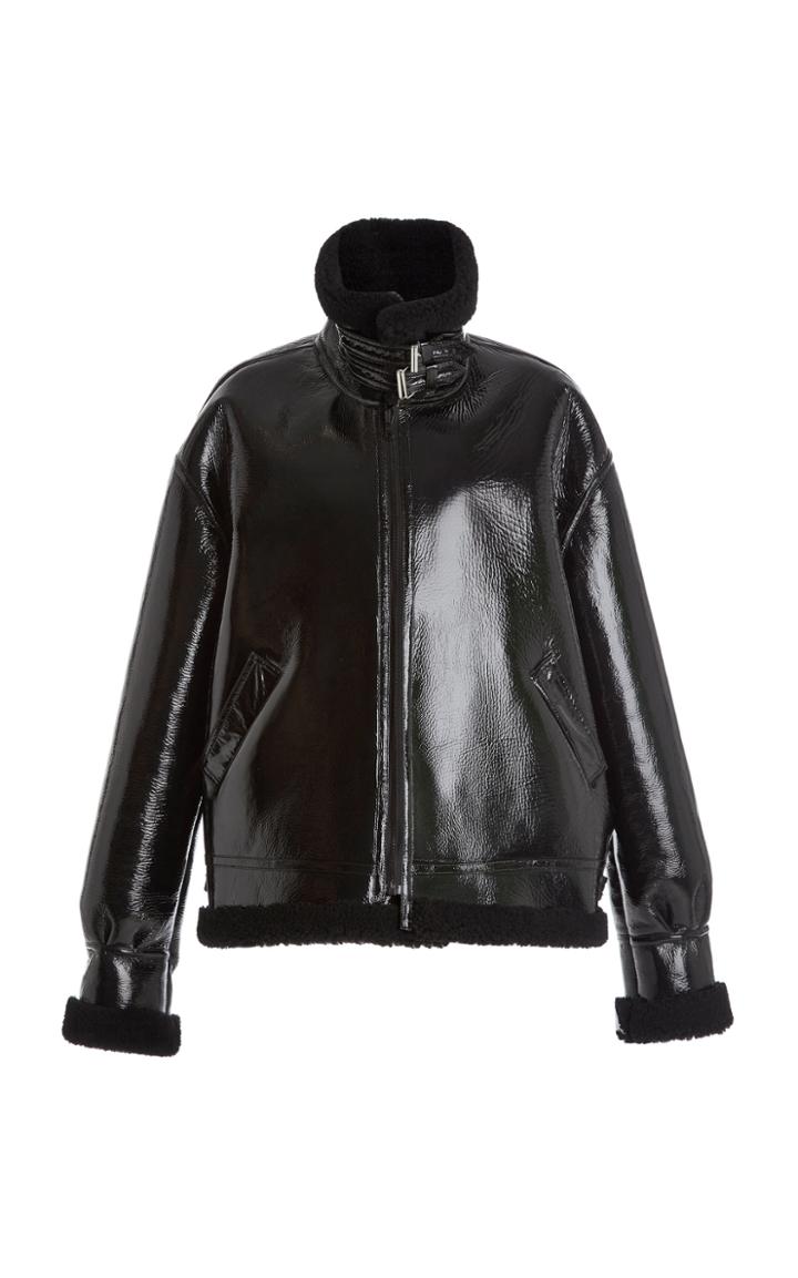 Moda Operandi David Koma Oversize Shearling-trimmed Patent Lether Jacket