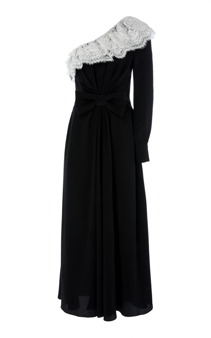 Alessandra Rich Silk Crepe De Chine One Shoulder Lace Volant Midi Dress