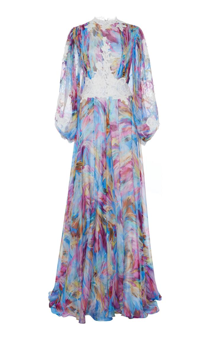 Costarellos Bishop Sleeve Printed Silk Gown