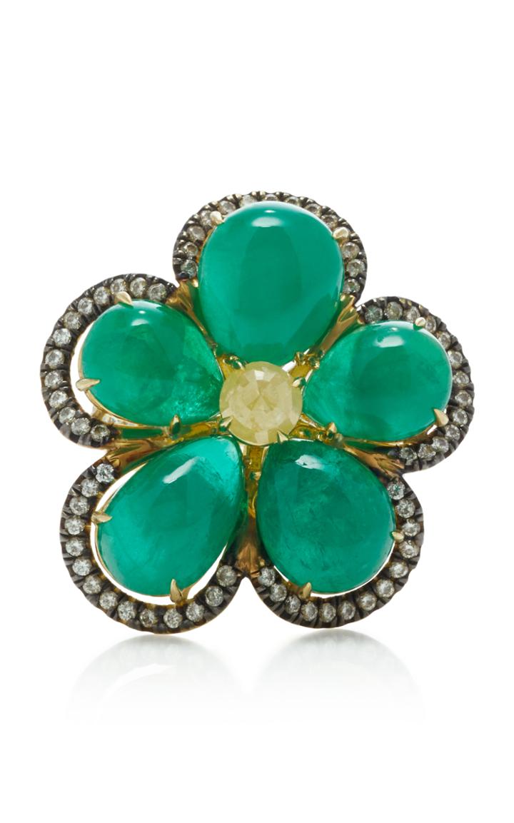 Nina Runsdorf 18k Gold Emerald And Diamond Flower Ring