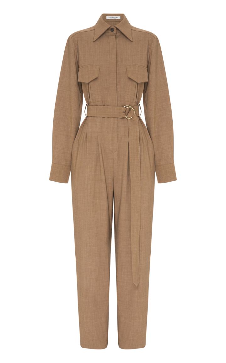 Moda Operandi Anna Quan Coda Belted Wool-blend Jumpsuit