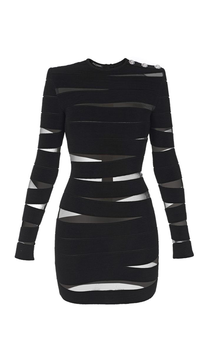 Balmain Long Sleeve Open-knit Mesh Dress