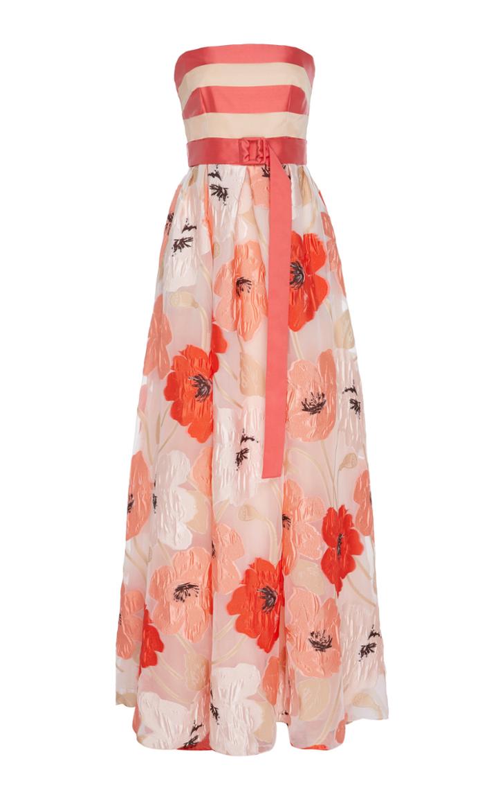 Lela Rose Strapless Floral Stripe Chiffon Dress