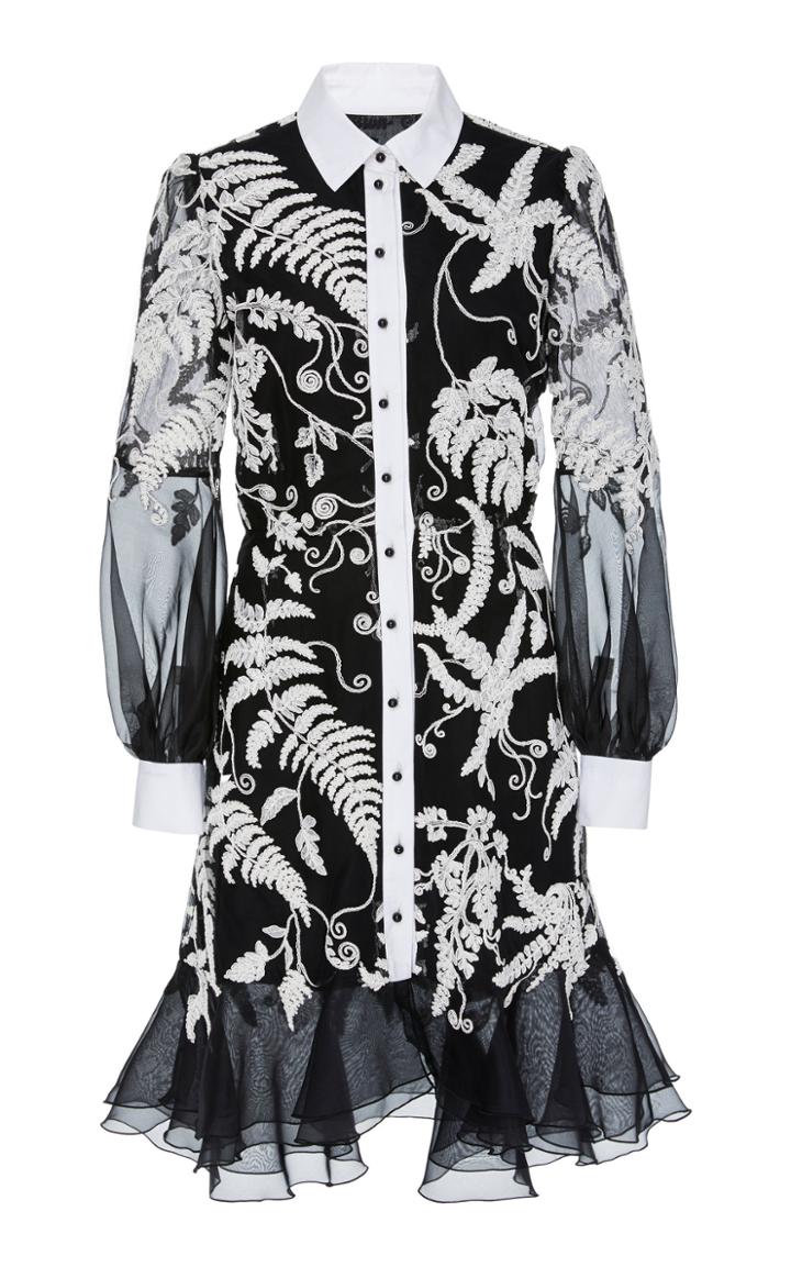 Marchesa Embroidered Organza Flared Shirt Dress