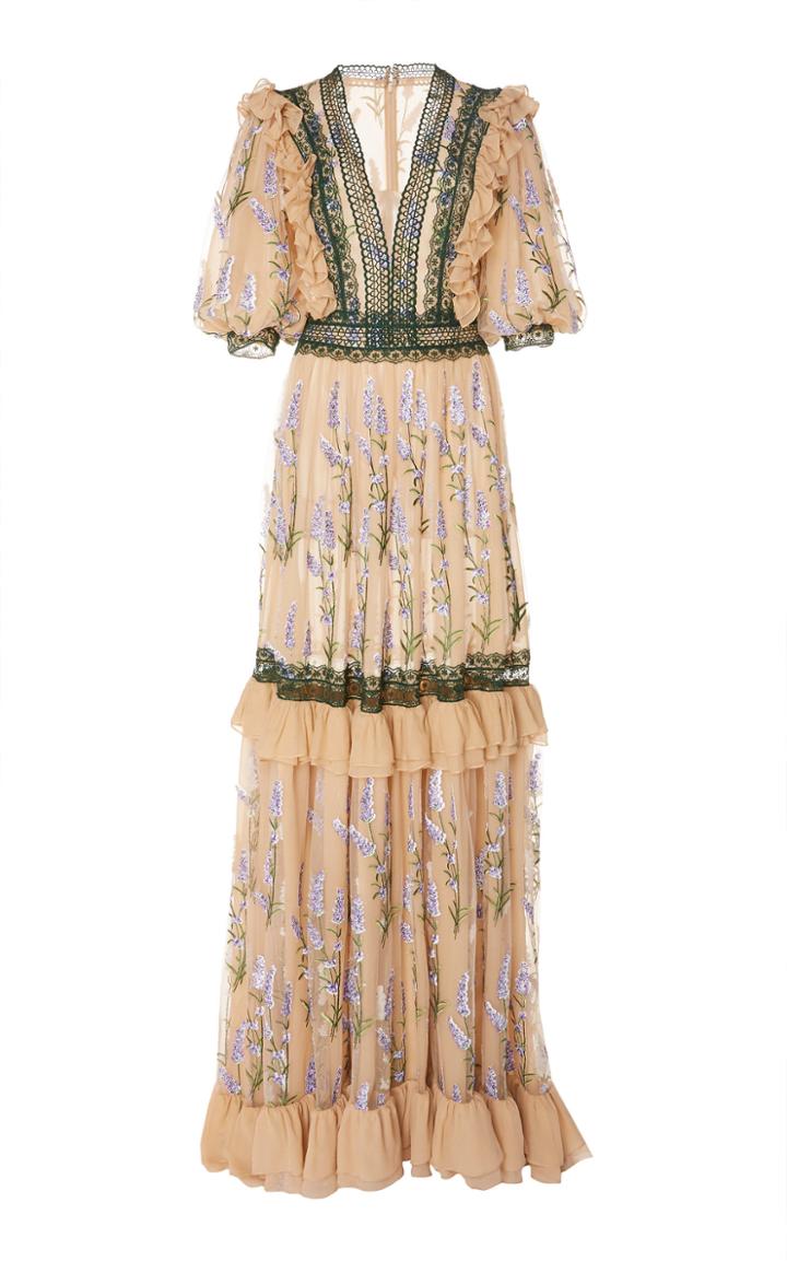 Costarellos Tiered Embroidered Sequin Tulle And Lace Trim Gown