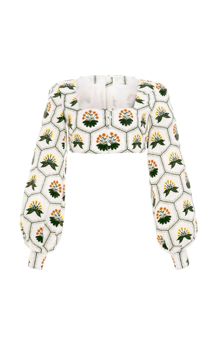 Moda Operandi Agua By Agua Bendita Pera Polem-hand Embroidered Linen Crop Top