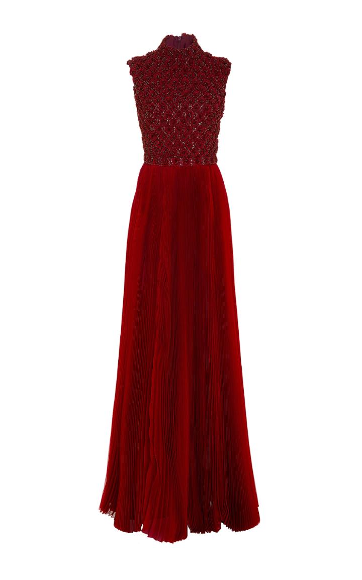 Oday Shakar Beaded Gown With Organza Pleated Skirt