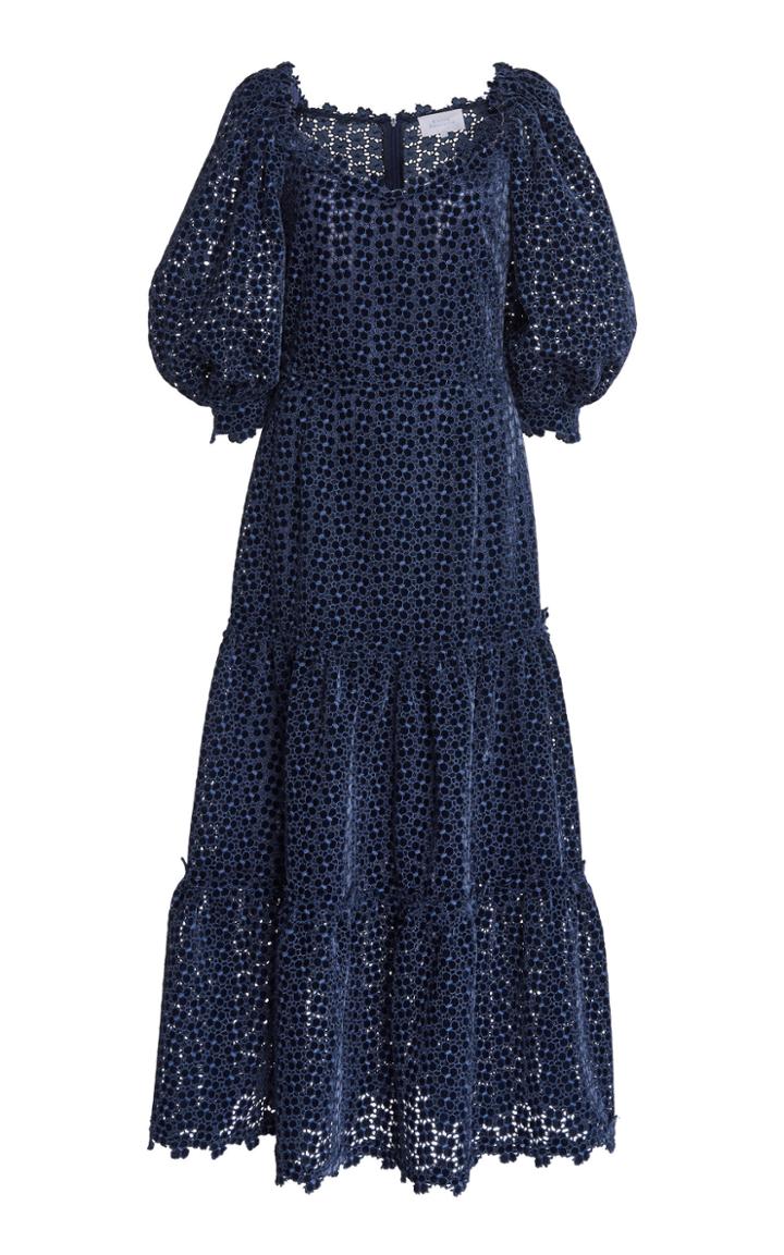 Luisa Beccaria Floral Embroidered Puff Sleeve Midi Dress