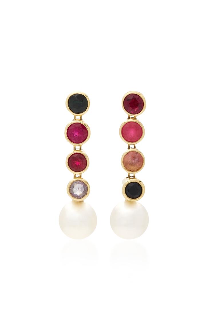 Retrouvai 18k Gold Tourmaline And Pearl Drop Earrings
