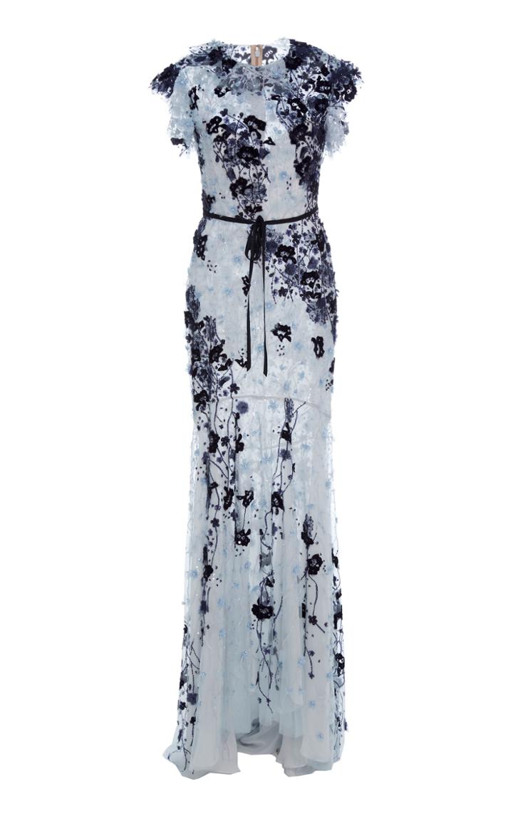Monique Lhuillier Embroidered Cap Sleeve Gown