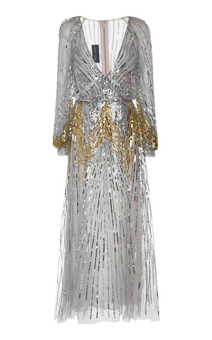 Monique Lhuillier Embellished Chiffon Long Sleeve V-neck Dress