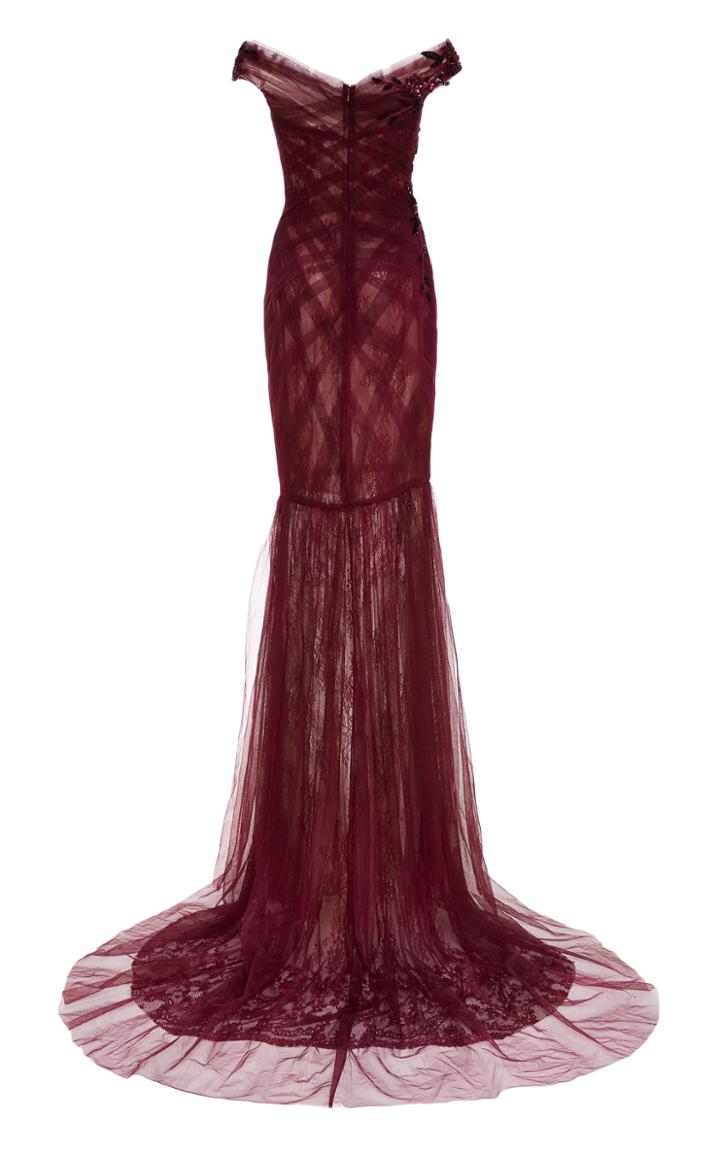 Pamella Roland Draped Lace And Tulle Embroidered Gown