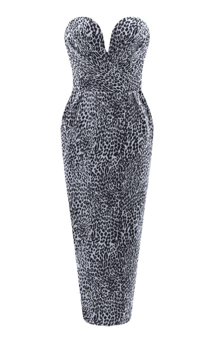 Rasario Draped Corset Leopard Print Midi Dress