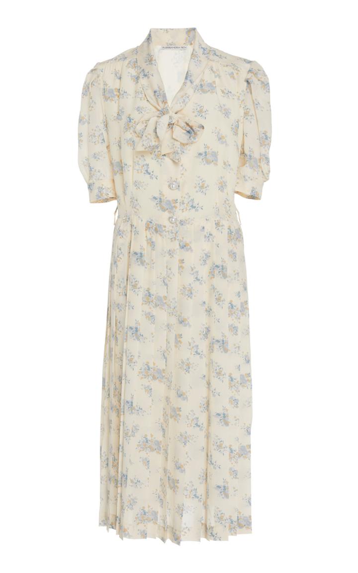 Alessandra Rich Pleated Floral Silk Midi Dress